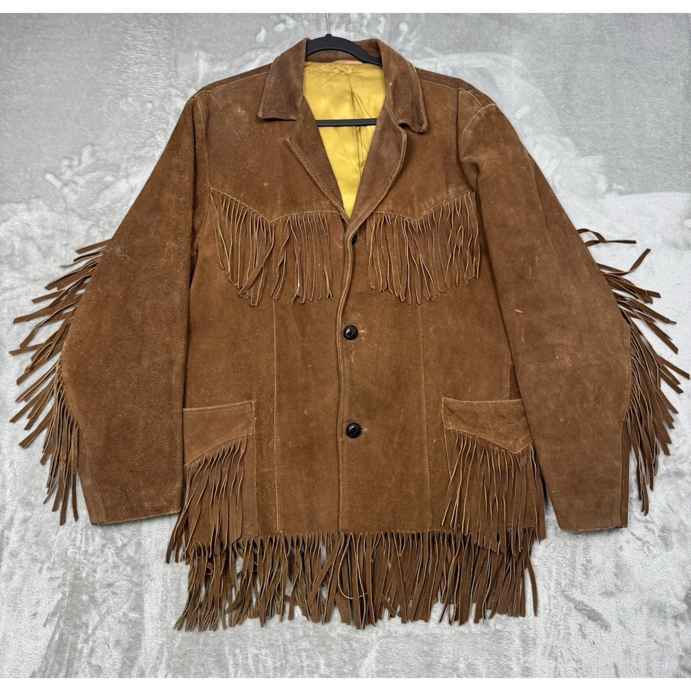 Vintage Pioneer Wear Fringe Jacket Size 42 Brown Suede Leather Western 70s 1970s